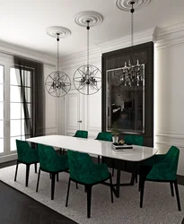 White kitchen interior with green curtains