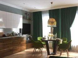 White kitchen interior with green curtains