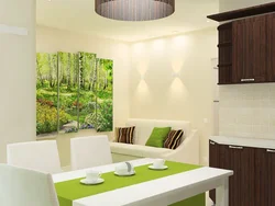 White kitchen interior with green curtains