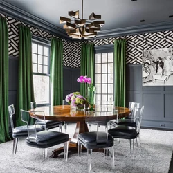 White kitchen interior with green curtains