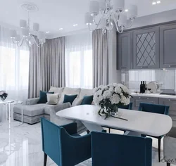 White gray kitchen living room modern design
