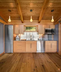 Wooden wall in the kitchen design photo