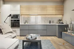 Серая кухня с деревянной столешницей в интерьере кухни гостиной