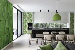 Wallpaper with leaves in the kitchen interior