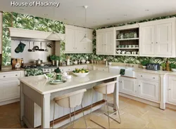 Wallpaper with leaves in the kitchen interior
