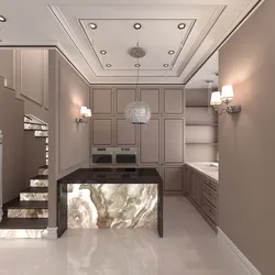 Дизайн гостиной с кухней и коридором в доме