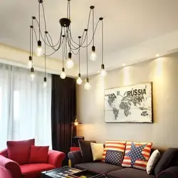Loft chandelier in the living room interior