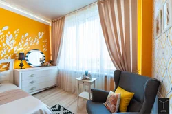 Yellow curtains in the bedroom interior photo