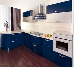 Kitchen interior with white top and blue bottom