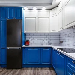 Kitchen interior with white top and blue bottom