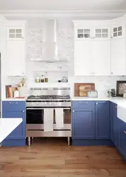 Kitchen interior with white top and blue bottom