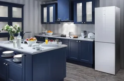 Interior design of kitchen with white refrigerator
