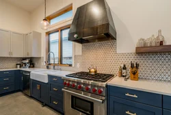 Kitchen interior with blue apron