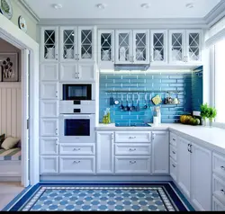 Kitchen interior with blue apron