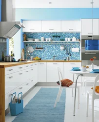 Kitchen interior with blue apron