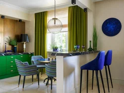 Emerald curtains in the kitchen interior