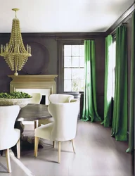 Emerald curtains in the kitchen interior