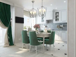 Emerald curtains in the kitchen interior