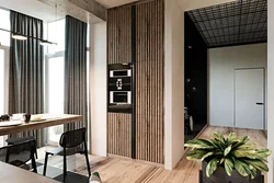 Kitchen interior with wooden slats