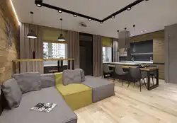 Mətbəx ilə qonaq otağının dizaynı 32 kv.m.