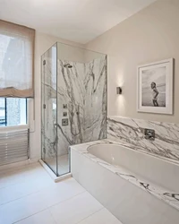 Мрамордан жасалған душ пен дәретханасы бар ванна бөлмесінің дизайны