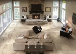 White interior kitchen with living room with porcelain stoneware