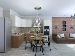 White interior kitchen with living room with porcelain stoneware