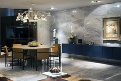 White Interior Kitchen With Living Room With Porcelain Stoneware