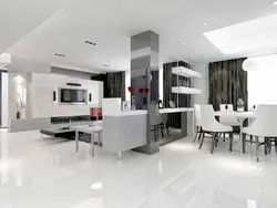 White interior kitchen with living room with porcelain stoneware