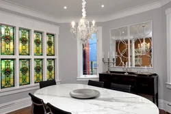 Home living room design with stained glass windows