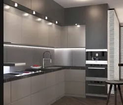Kitchen design in gray and white tones in a modern style