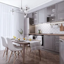 Kitchen design in gray and white tones in a modern style