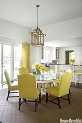 Yellow curtains in the kitchen interior photo