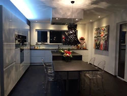 Dark floor kitchen living room design