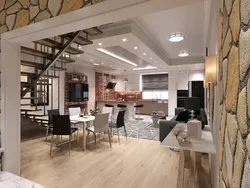 Müasir üslubda pilləkənlərlə qonaq otağı mətbəx dizaynı