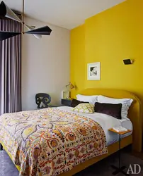 Bedroom with yellow wallpaper photo