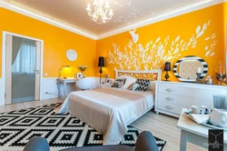 Bedroom with yellow wallpaper photo