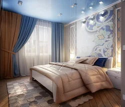 Bej və mavi tonlarda yataq otağı interyeri