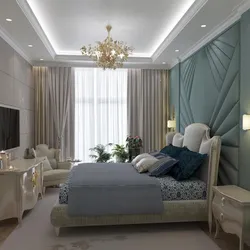 Bedroom interior in beige and blue tones
