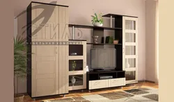 Wall in the living room with a wardrobe for clothes and linen photo