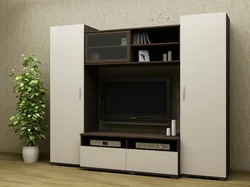 Wall in the living room with a wardrobe for clothes and linen photo