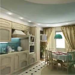 Stretch ceiling design in the kitchen 9 sq m