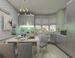 Design of a room with a kitchen in gray tones