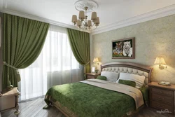 Оливковые шторы в интерьере спальни фото