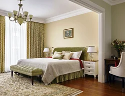 Olive curtains in the bedroom interior photo