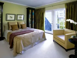 Olive curtains in the bedroom interior photo