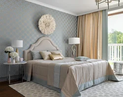 Bedroom design in beige and blue tones
