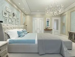 Bedroom design in beige and blue tones