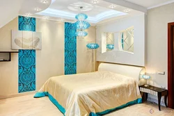 Bedroom design in beige and blue tones