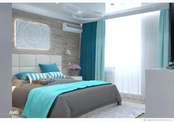 Bedroom design in beige and blue tones